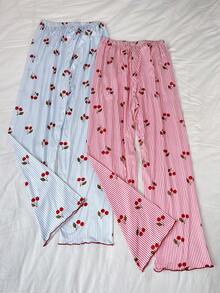 Bộ 2 quần áo mặc nhà/đồ ngủ nữ: Quần dài màu trơn, quần dài kẻ sọc và in hình quả anh đào, thích hợp cho mùa xuân/hè. - Nhiều màu - Xem 5