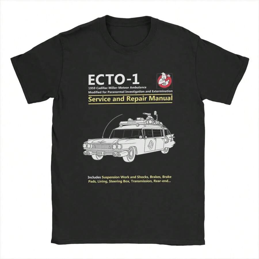 Manual de Servicio y Reparación ECTO-1 Camisetas de la Película Ghostbusters para Hombres Camisetas de Algodón Cuello Redondo Manga Corta Idea de Regalo Ropa - Negro - Ver 1
