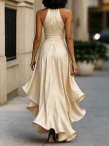 Robe longue d'été élégante pour femmes, col V asymétrique, sans manches, couleur abricot. Convient pour les banquets, les soirées, les invités de mariage, les fêtes élégantes, le style de rue, les cérémonies de remise des diplômes, les vacances - Nude - Voir 2