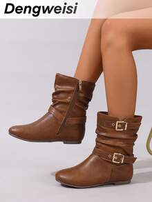 Brown Striped Buckle Pleated Mid-Calf Boots, Side Zipper, Flat Round Toe, Comfortable, Versatile, Suitable For Commute, Daily Wear, Vacation, All Season, Fashion Women's Boots,Cowgirl Boots - Brown - View 3