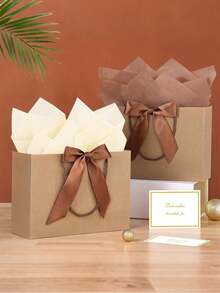5pcs/1pc-Landscape-Style Kraft Paper Gift Bags, Shopping Bags, Packaging Bags With Handles, Bow-Decorated Handbags, Trick Or Treat, Halloween, White Large-Capacity Paper Bags, Halloween, Thanksgiving, Christmas, New Year, Wedding, Birthday Gift Packaging Bags, Simple Solid-Color Shopping Bags, Small Business Supplies - Brown - View 5