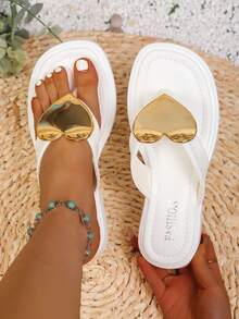 2026 New Heart-Shaped Thick Sole Fashionable Non-Slip Beach Flip Flops For Women, Metal Buckle - White - View 2