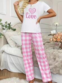 两件套女士爱心印花格子短袖上衣和裤子睡衣套装，休闲舒适家居服 - 白色 - 查看 2