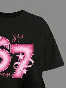 少女数字印花短袖T恤和修身喇叭裤 - 黑色 - 查看 3