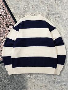 Sweater Patchwork Bergaris Klasik Unisex, Atasan Rajut Longgar Kasual Nyaman Bergaya Retro dengan Leher Bulat, Cocok untuk Musim Gugur dan Musim Dingin - Aprikot - View 7