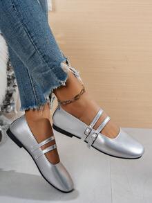 New Fashion Metal Buckle Decor Strap Buckle Flat Shoes, Comfortable Non-Slip Versatile Style Suitable For Daily Wear And Commuting - Silver - View 2