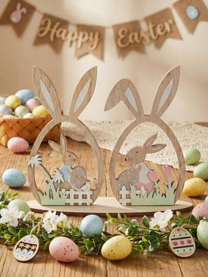 1 Pc Pastel-Toned Bunny & Easter Egg & Garden Element Easter Wooden Decor Sign, Cozy Farmhouse-Style Solid Wooden Hollowed Bunny-Shaped Stand With Fence Detail/Flower Embellishment Display Easter Wooden Tabletop Decor For Easter Party & Home Entryway/Console Table Decor Scenes