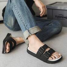 1 Pair Men's Summer Slippers, Flat, Hook And Loop, Non-Slip, Casual Slippers For Bathroom & Home - Black - View 4