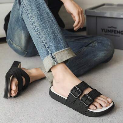 1 Pair Men's Summer Slippers, Flat, Hook And Loop, Non-Slip, Casual Slippers For Bathroom & Home