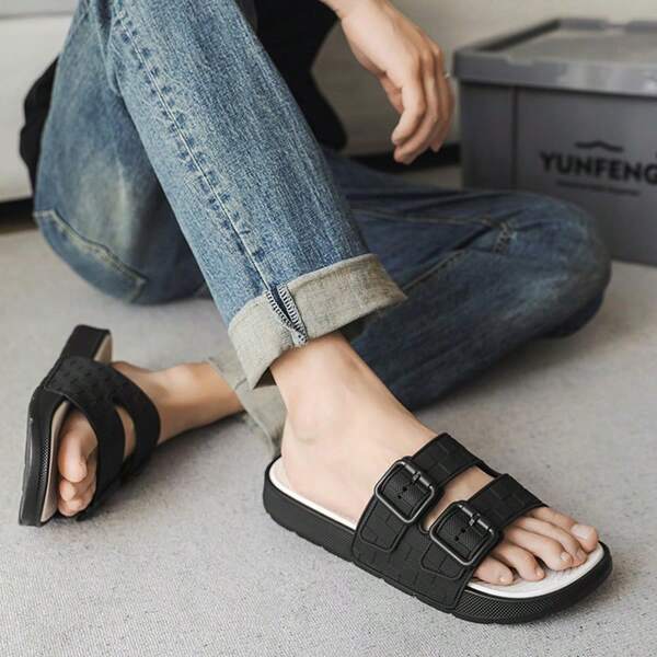 1 Pair Men's Summer Slippers, Flat, Hook And Loop, Non-Slip, Casual Slippers For Bathroom & Home