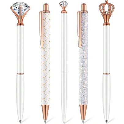 5pcs/Set White Ballpoint Pen Set, Metal Crystal Diamond Writing Tools, Suitable For Signing, Business, Office, Wedding And Stationery Gifts