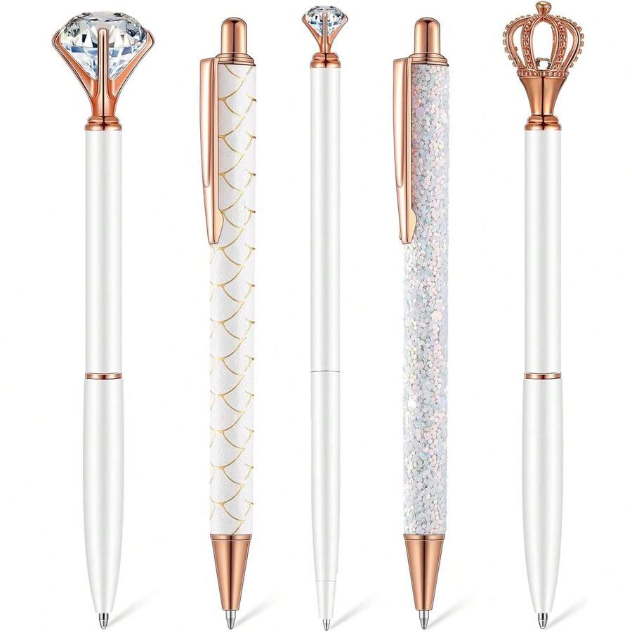 5支/套白色圆珠笔套装，金属水晶钻石书写工具，适用于签名、商务、办公、婚礼及文具礼品 - 白色 - 查看 1