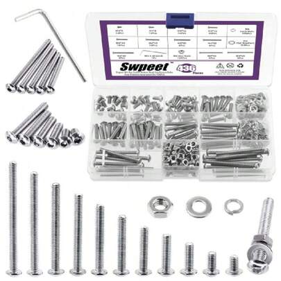 - 437 piezas M4 métricas de acero inoxidable 304 con cabeza de botón hexagonal, tornillos y tuercas hexagonales con arandelas planas y kit de arandelas de bloqueo dividido, llave incluida,38072466