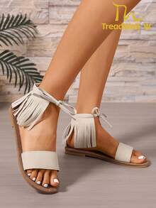 New Women Flat Sandals, Fashionable Minimalist Design With Tassel, Comfortable, Black Flat Slide Sandals, Beige Women Sandals, Flat Sandals - Beige - View 2