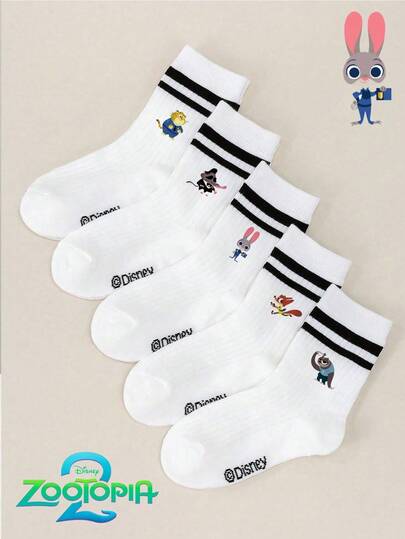 Disney 1/5 Pairs Anime Collaboration, Judy, Nick, Flash, Chief Bogo, Assistant Mayor Bellwether Kids' Mid-Calf Socks Set, White Double Bar Socks, White Socks, Kids' Short Socks, Boys', Girls', Week Socks, With Cool Cartoon Patterns