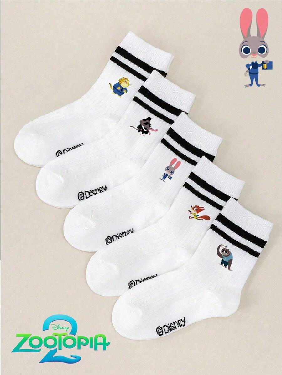 Disney 1/5 Pairs Anime Collaboration, Judy, Nick, Flash, Chief Bogo, Assistant Mayor Bellwether Kids' Mid-Calf Socks Set, White Double Bar Socks, White Socks, Kids' Short Socks, Boys', Girls', Week Socks, With Cool Cartoon Patterns