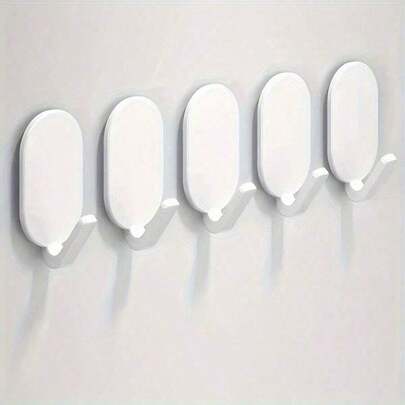 5 Heavy Duty Sticky Hooks - No Drilling, Strong Adhesive Backing For Damage-Free Installation, Suitable For Hanging Towels,Robes, Clothes, Gym Bags - Great For Bathroom, Kitchen, Office, Hotel Use - Modern Minimalist Style (Durable Plastic Material) - Space-Aving Multipurpose Hanging Accessories