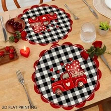 2/4/6/60pcs Round Placemats, Suitable For Dining Table, 13.8inch*35cm, Buffalo Plaid Heart Truck Design, Ideal For Restaurants, Kitchens, Dinner Parties And Various Occasions, Can Be Used As Valentine's Day Dining And Holiday Decorations - Multicolor - View 5