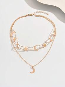 1pc Vintage Middle Eastern Crescent Moon & Star Pendant Necklace, Minimalist Double Layer Choker Necklace, Holiday Gift Jewelry - Yellow Gold - View 3