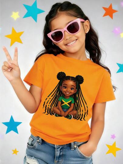 Young Girl Cartoon Girl Print Casual Versatile Daily Wear Short Sleeve T-Shirt