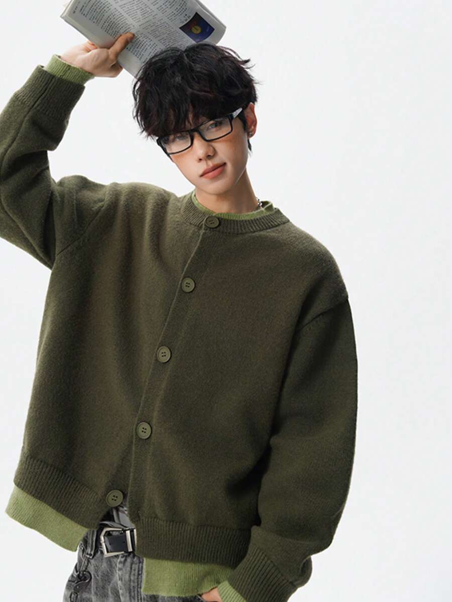 Men Cardigans - Army Green - View 1