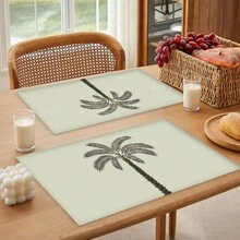 椰树图案亚麻餐垫（1件/4件/6件装），适用于餐桌，四季皆宜，现代可水洗，可作餐垫、杯垫、厨房餐垫、室内外派对装饰、家居装饰，理想礼品 - 彩色 - 查看 3