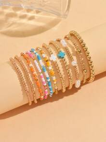 11pcs/Set CCB Gold Bead Bracelet Set, Faux Pearl Multi-Layer Elastic Bracelets, Suitable For Women Daily Wear, Vacation And Party, Classic Cross Decor (Bead Color Sequence May Vary) - Multicolor - View 3