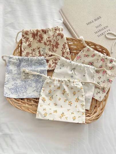 1pc STEENAIO Floral Drawstring Storage Pouch, Suitable For Miscellaneous Items, Coin Purse, Handbag And Phone Bag