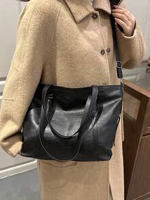 1pc Bag Female Bag Preference Bag Fashion New 2026 Tote Bag Fashion College Style Joker Solid Color Soft Leather Commuter Shoulder Bag High Quality Tote Bag Leisure Large Capacity Messenger Bag Female. - Black - View 3
