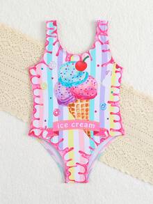 Young Girl Ice Cream Print Tankini Swimsuit - Multicolor - View 3