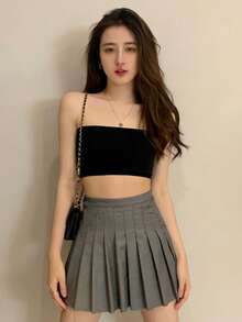 Strapless Crop Top (Without Straps, Includes Padding, Non-Removable) Casual Black Summer - Black - View 7