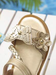 Girls' Gold Rhinestone Flower Sandals, Woven Strap Princess Dress Shoes