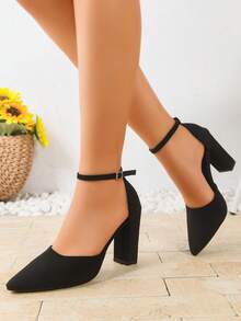 黑色优雅风景版高跟鞋，女士优雅淑女踝扣镂空时尚粗跟礼服鞋，春秋季通勤新款尖头高跟鞋 - 黑色 - 查看 4