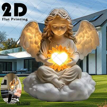 2D平面，1个永恒之光天使花园摆件 - 无需电源，发光心形墓碑装饰，耐候性强，室内/室外皆宜，适用于圣诞节、万圣节、复活节、婚礼、墓碑标记 - 天使手捧发光的心形，户外天使装饰，2D平面，节日装饰，复古装饰，塑料材质，轻便落地，心形灯，婚礼策划师