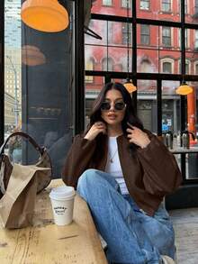 Women Solid Color Zip-Up Short Jacket With Pockets, Casual Long Sleeve Soft Bomber Jacket, Versatile Minimalist Design For Autumn/Winter Spring - Brown - View 6