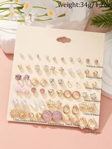 30对可爱简约时尚女士耳环套装，包含花朵、方形、水滴形、仿珍珠、水钻金属耳钉，适合日常、休闲、节日佩戴。