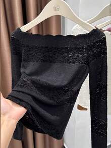 Women's Off-Shoulder Long Sleeve Lace Top, Black Sexy Slim Fit Undershirt For Autumn/Winter, Can Be Worn Outerwear - Black - View 2
