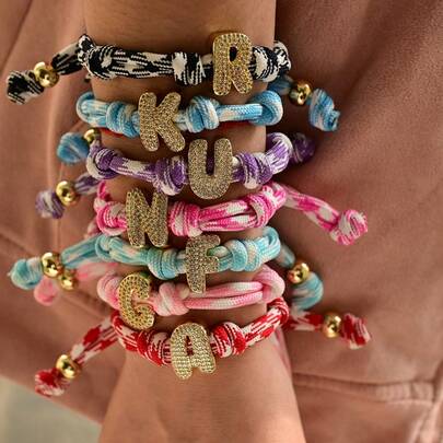 1pc Knotted Woven Bracelet 18k Gold-Plated Cubic Zirconia Balloon Letters A-Z Bracelet, Adjustable Size Suitable For Couples And Girlfriends As Birthday Gifts