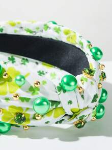 1 Peça Faixa de Cabelo com Estampa de Trevo Elemento Irlandês de Tecido Floral Verde com Decoração de Pérola Falsa, Acessório Versátil para o Dia de São Patrício e Uso Diário, Tiara de Cabelo - Amarelo verde - Visão 4