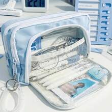 Big Capacity Pencil Case 3 Compartments Large Pencil Pouch Pen Bag Pencil Box Holder Organizer Simple Storage Aesthetic Stationery Cosmetic For Adults Men Women Office Essentials - 藍色 - 查看 5