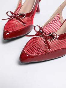 Women's Burgundy Mesh Backless High Heels, Bowknot Pointed Toe Stiletto Sandals - Burgundy - View 7