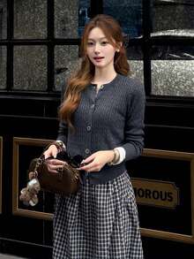 [Y6Y] Grey Elegant Cable Knit Button Cardigan, Women's Spring Daily Wear, Long Sleeve Round Neck Slim Fit - Dark Grey - View 7