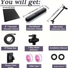 豪华淋浴系统 - 配备超大高压雨淋式花洒、可调节花洒臂、双模式手持花洒、超长软管、浴室挂钩，安装简便。是家庭浴室和酒店淋浴的理想之选。这款浴室配件将彻底改变您的淋浴体验——也是一份实用又贴心的乔迁礼物！