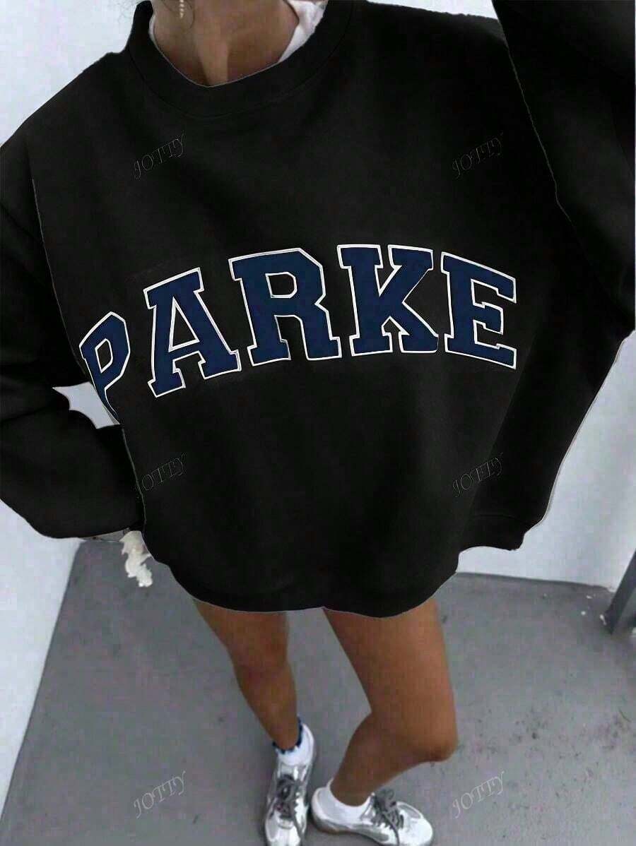 Women's Casual "PARKE" Letter Print Loose Pullover Sweatshirt, Encountering Lazy Fashion.2026 New Y2Y Style Casual Women's Sweatshirt - Versatile For Sports, Leisure, And Everyday Wear - 黑色 - 查看 1