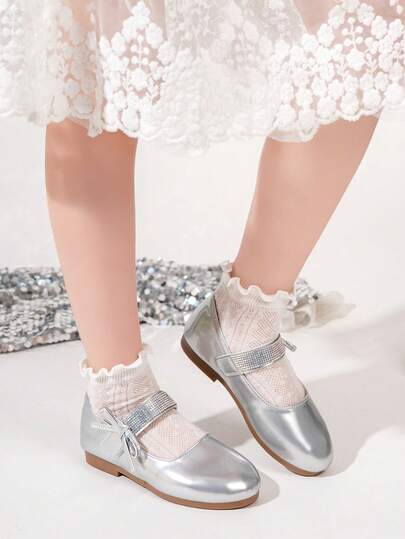 Simple Shiny Elegant Thin Bow Tie Girls' Silver Comfortable Dance Shoes, Suitable For Daily, School, Party, Wedding, Outdoor Gathering, Children's Casual Slip-On Round Toe Patent Leather Flat Shoes