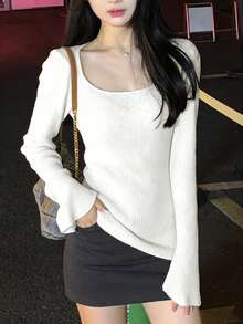 Áo len tay loe màu trơn thường ngày mùa xuân - trắng - Xem 4