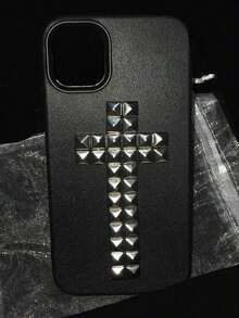 1pc Halloween DIY Punk Rivet Cross Religious Rock Rivet Metal Leather Phone Case, Compatible With Iphone 17 Pro Max 16 15 14 13 12 11 Pro Max Plus, Soft Back Cover - màu đen - Xem 1