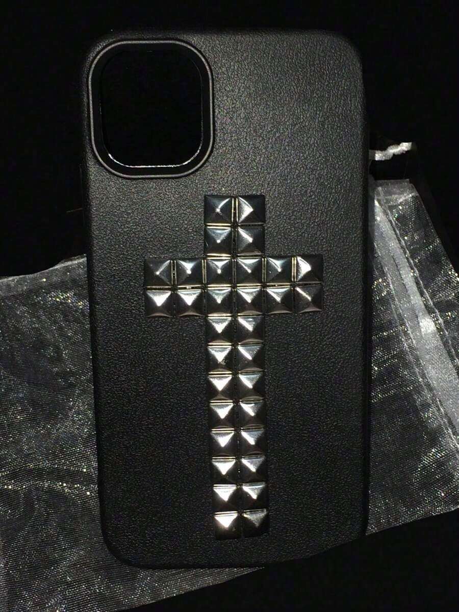 1pc Halloween DIY Punk Rivet Cross Religious Rock Rivet Metal Leather Phone Case, Compatible With Iphone 17 Pro Max 16 15 14 13 12 11 Pro Max Plus, Soft Back Cover - màu đen - Xem 1