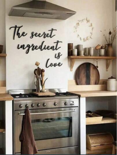 1pc "The Secret Ingredient Is Love" PVC Self-Adhesive Wall Sticker, Black Line Art Letter Wall Decal, Minimalist Geometric Art Wall Sticker For Home Decor, Kitchen