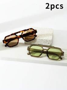 1pc Unisex Square Frame PC Material Glasses, Minimalist Stylish High-End Fashion, Suitable For Travel, Leisure, Party, Beach, Daily Wear - 2-piece Combo Pack (Green Green Tortoiseshell Tea) - View 4